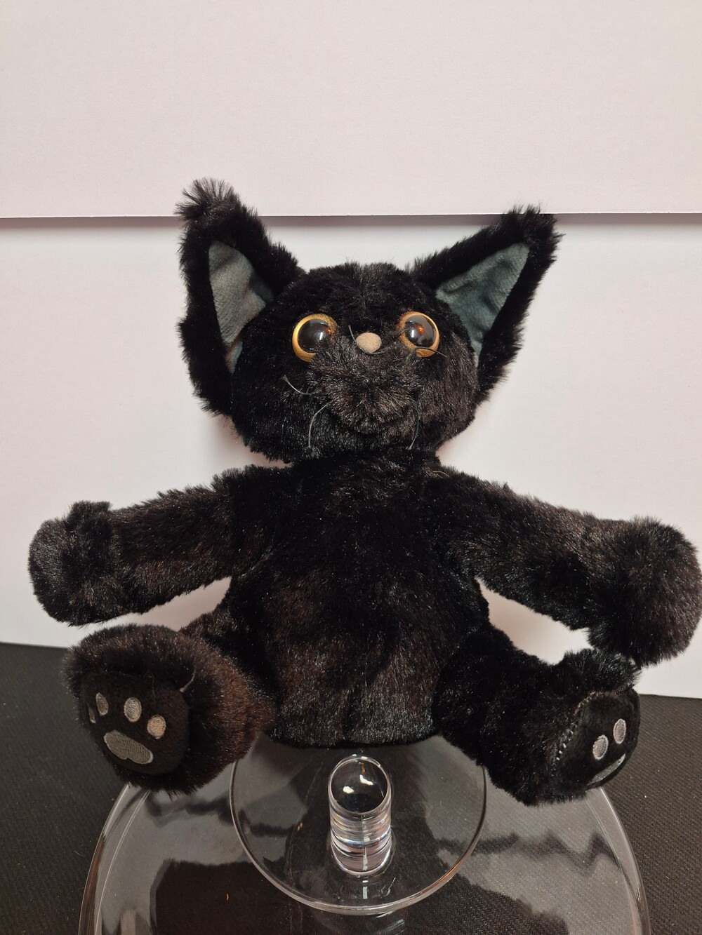 Black Plush Stuffed Cat Soft Toy with Embroidered Paw Prints